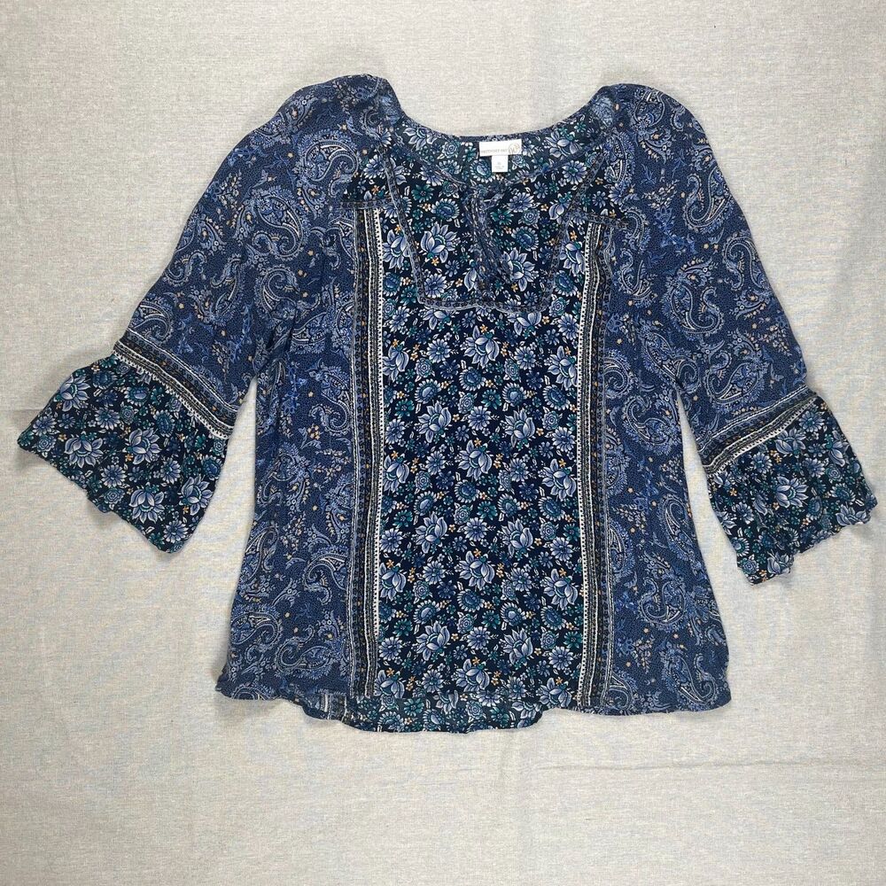 Westport | Blue Paisley and Floral Print Peasant Top | XL
